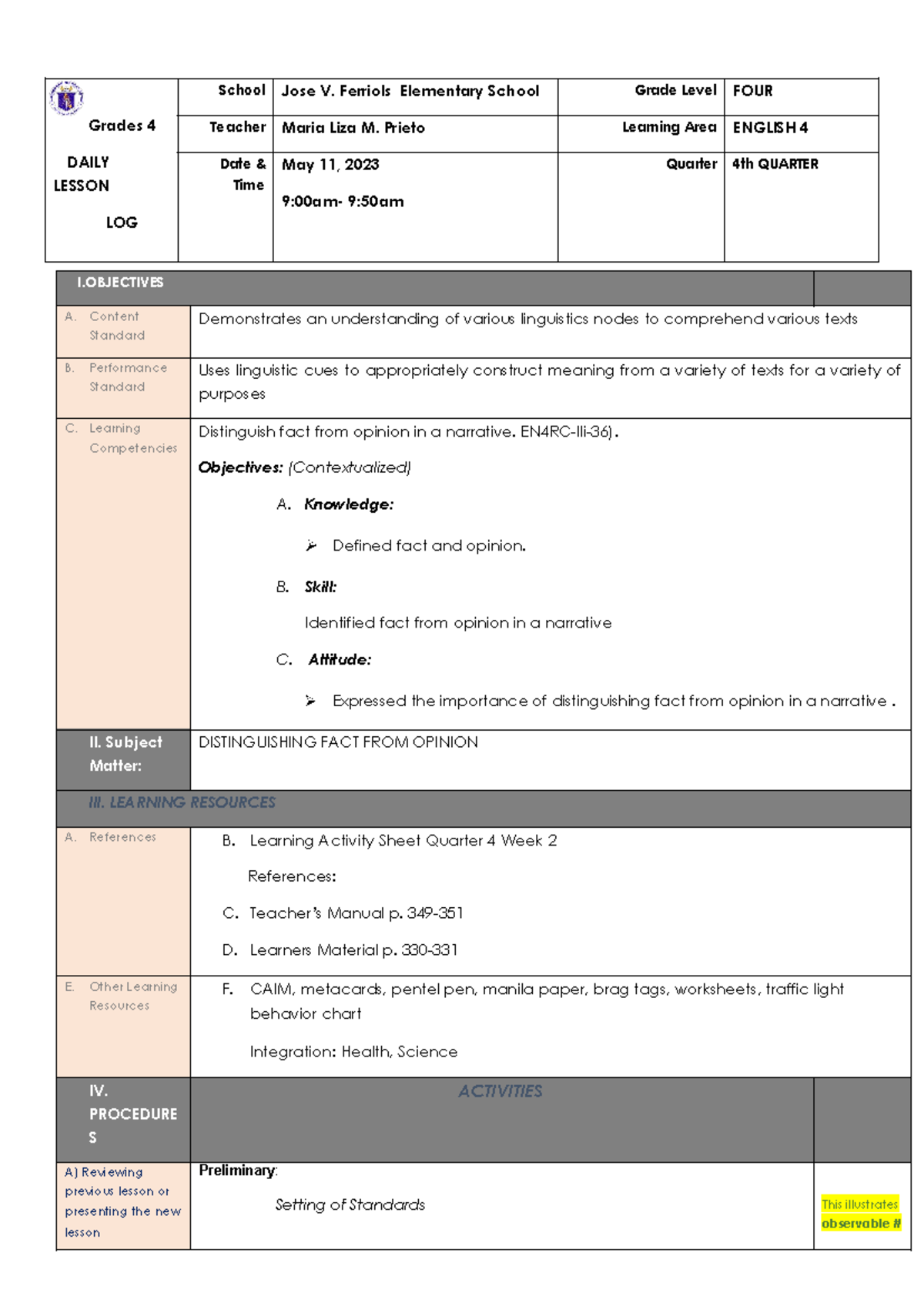 Cot english 4 fact and opinionalojvf lay - Grades 4 DAILY LESSON LOG ...