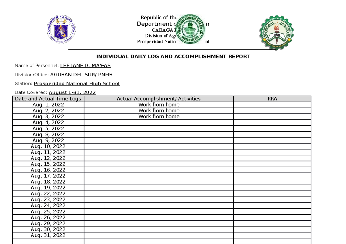 Idlar August - Accomplishment Report - Republic of the Philippines ...