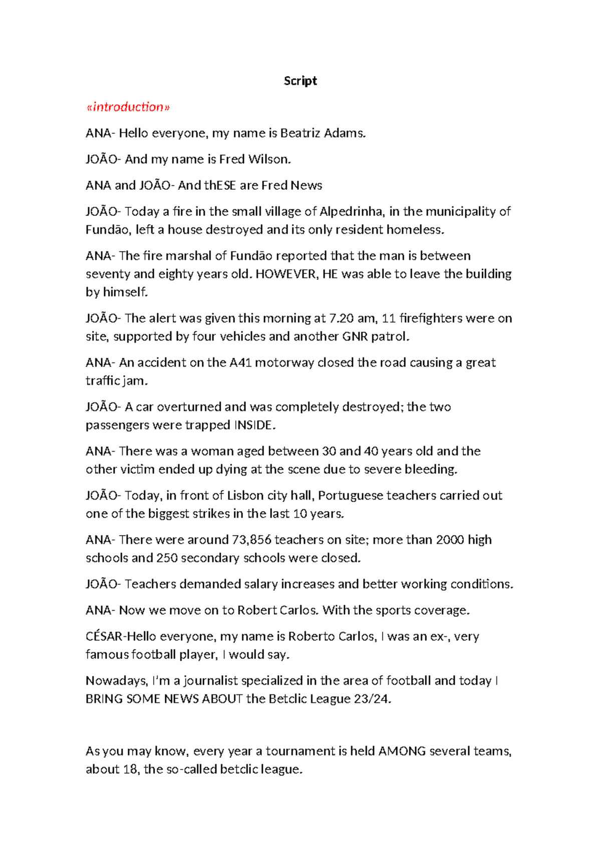 Script 1 Ana 10A-1 - Script «introduction» ANA- Hello everyone, my name ...