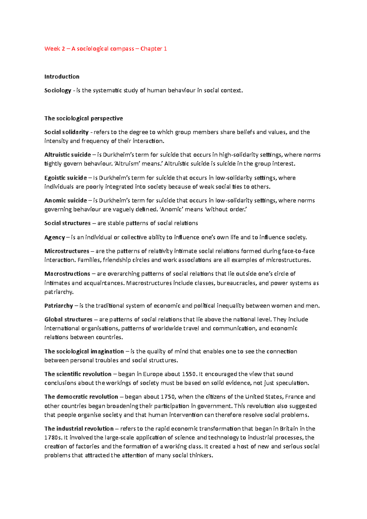 Chapter 1 Notes - Textbook - Sociology in today's world - Week 2 – A ...