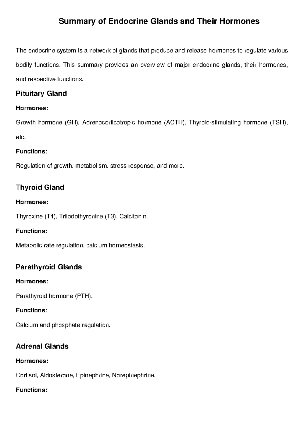 Endocrine Glands and Hormones Summary - Summary of Endocrine Glands and ...