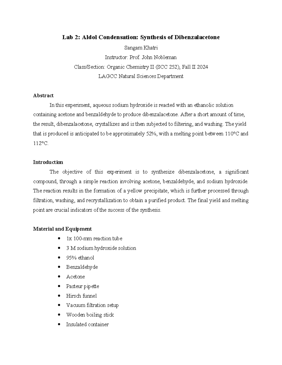 (SCC252)Orgo Chem II LAB-2 Synthesis-of-Dibenzalacetone - Lab 2: Aldol ...