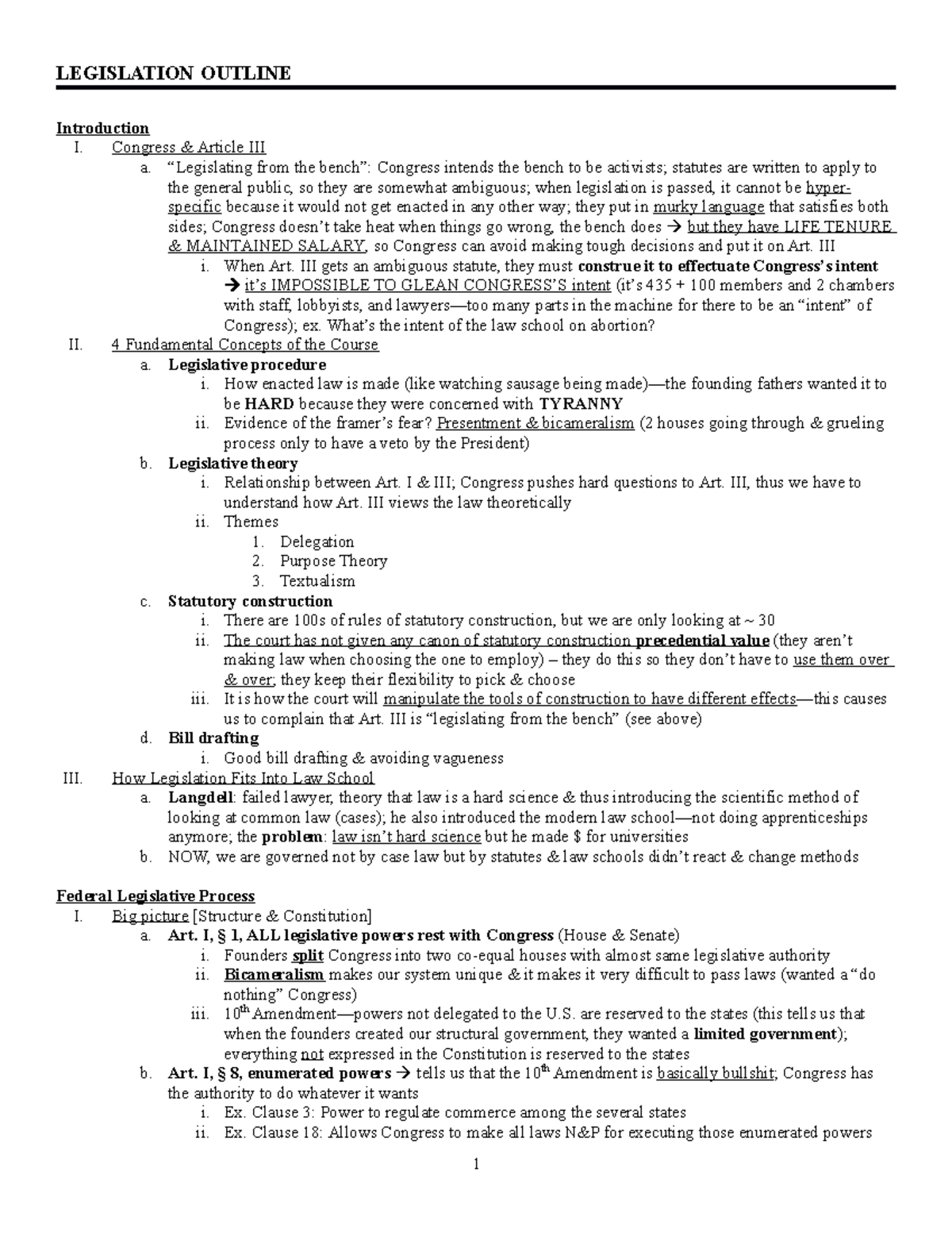 Legislation Outline - LEGISLATION OUTLINE Introduction I. Congress ...