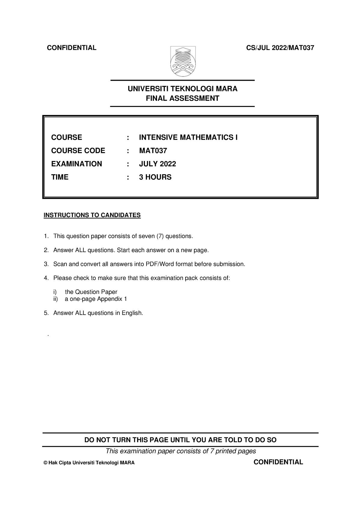 MAT037 Final July 2022 QUE - UNIVERSITI TEKNOLOGI MARA FINAL ASSESSMENT ...