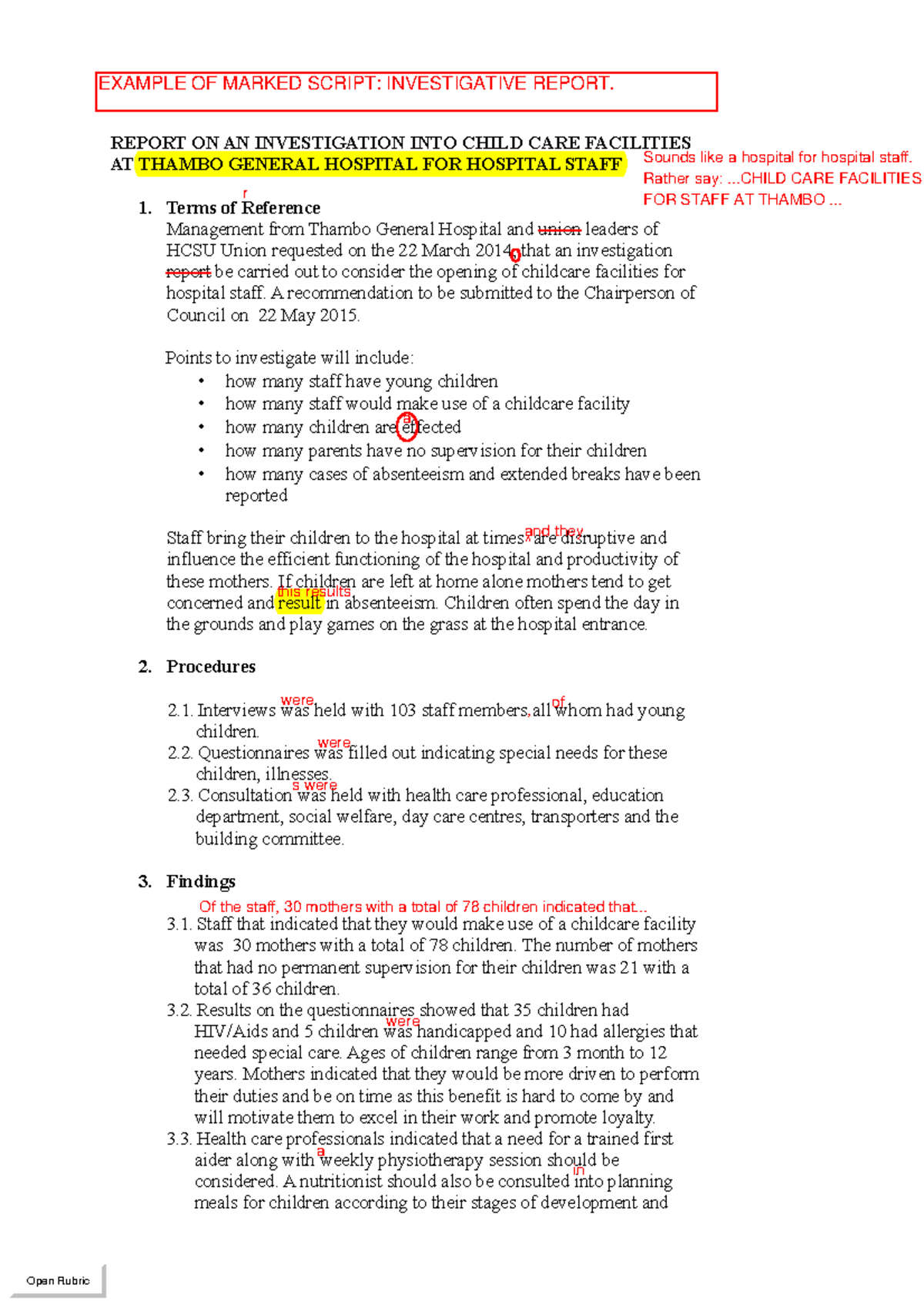 Example Of Marked Investigative Report REPORT ON AN INVESTIGATION 