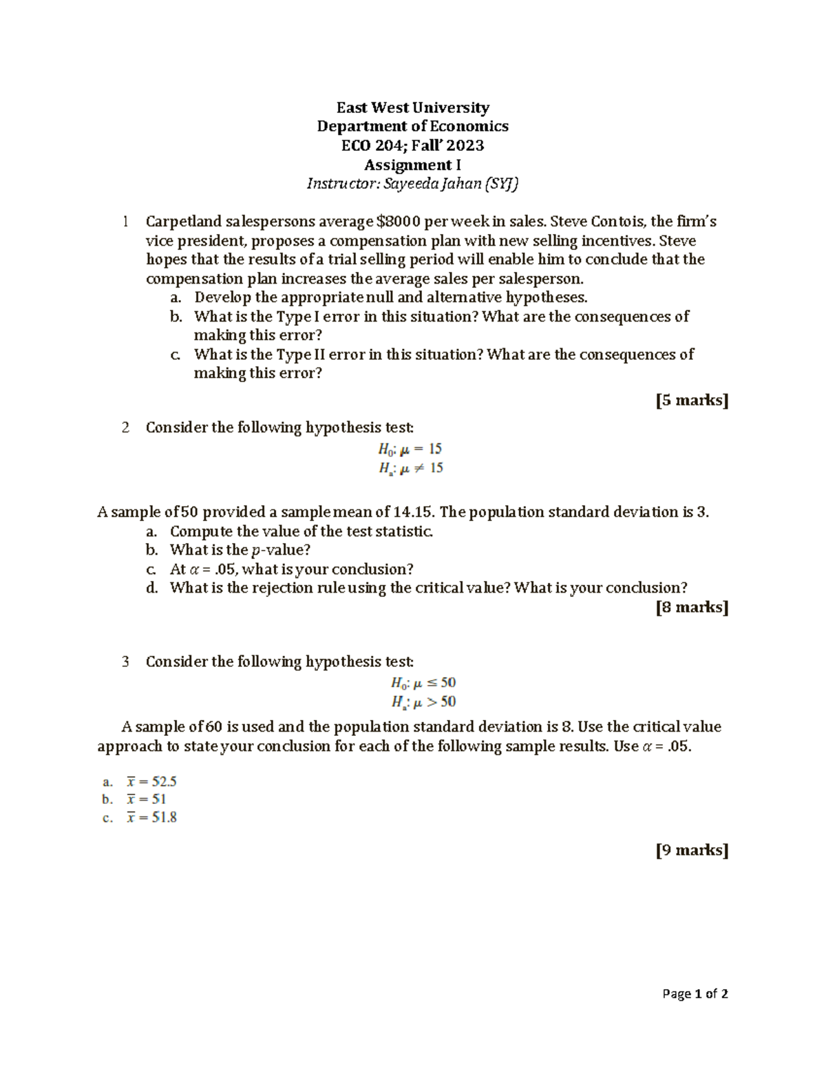 ECO 204 - Assignment I - Practice question - Page 1 of 2 East West ...