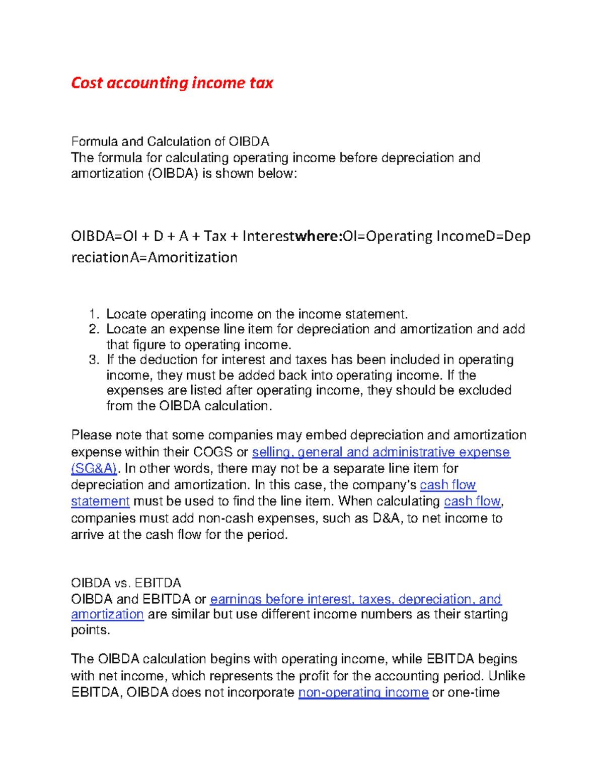 Cost Accounting Income Tax Part 12 Cost Accounting Income Tax Formula And Calculation Of Oibda