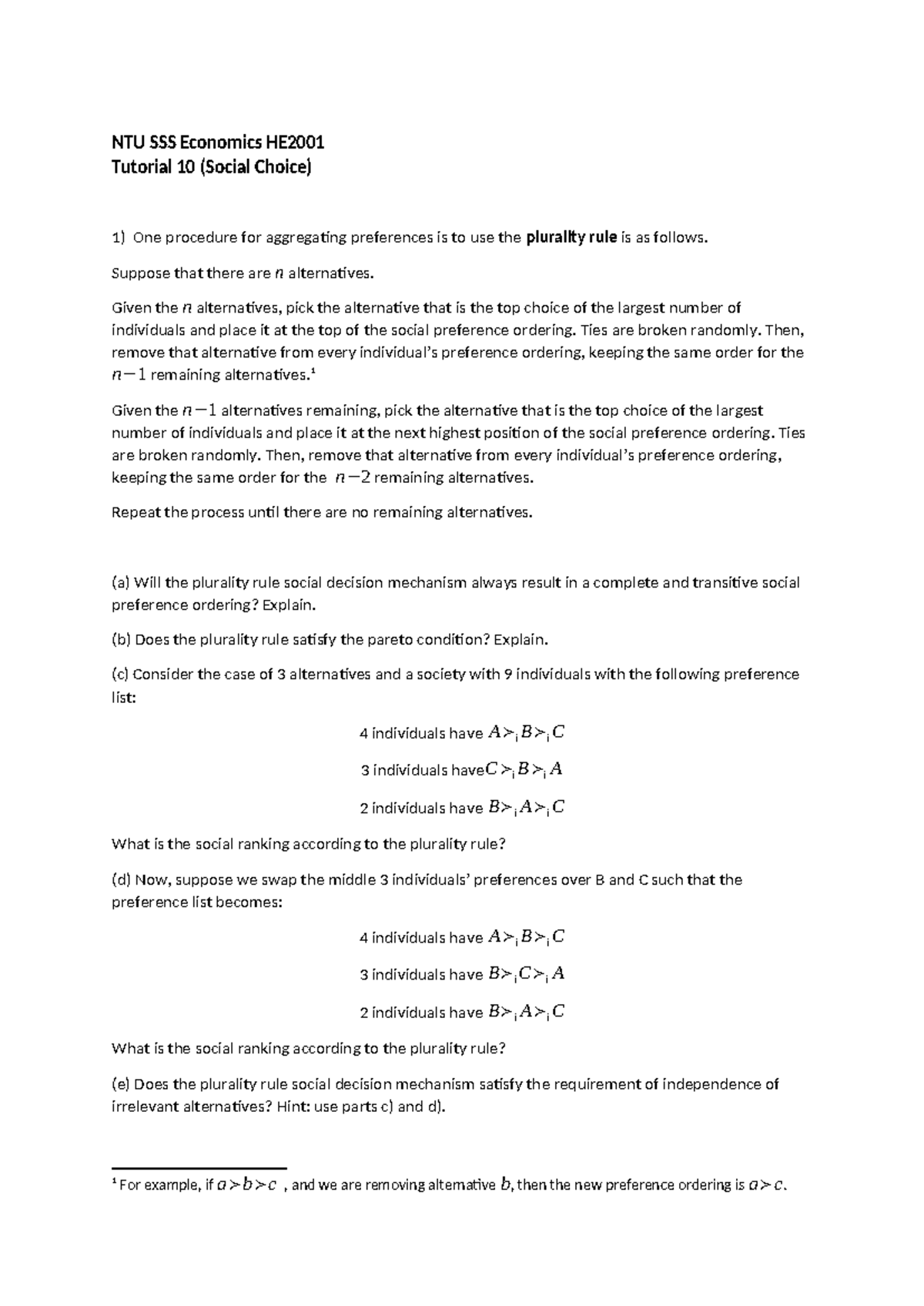 2024 Tutorial 10 - NTU SSS Economics HE Tutorial 10 (Social Choice) 1 ...