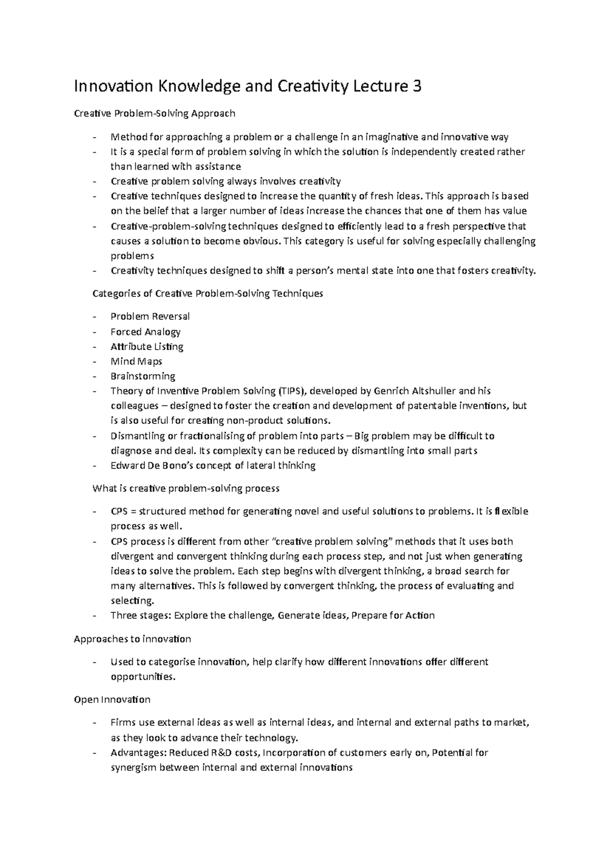 IK&C WEEK 3 - Lecture notes 3 - Innovation Knowledge and Creativity ...