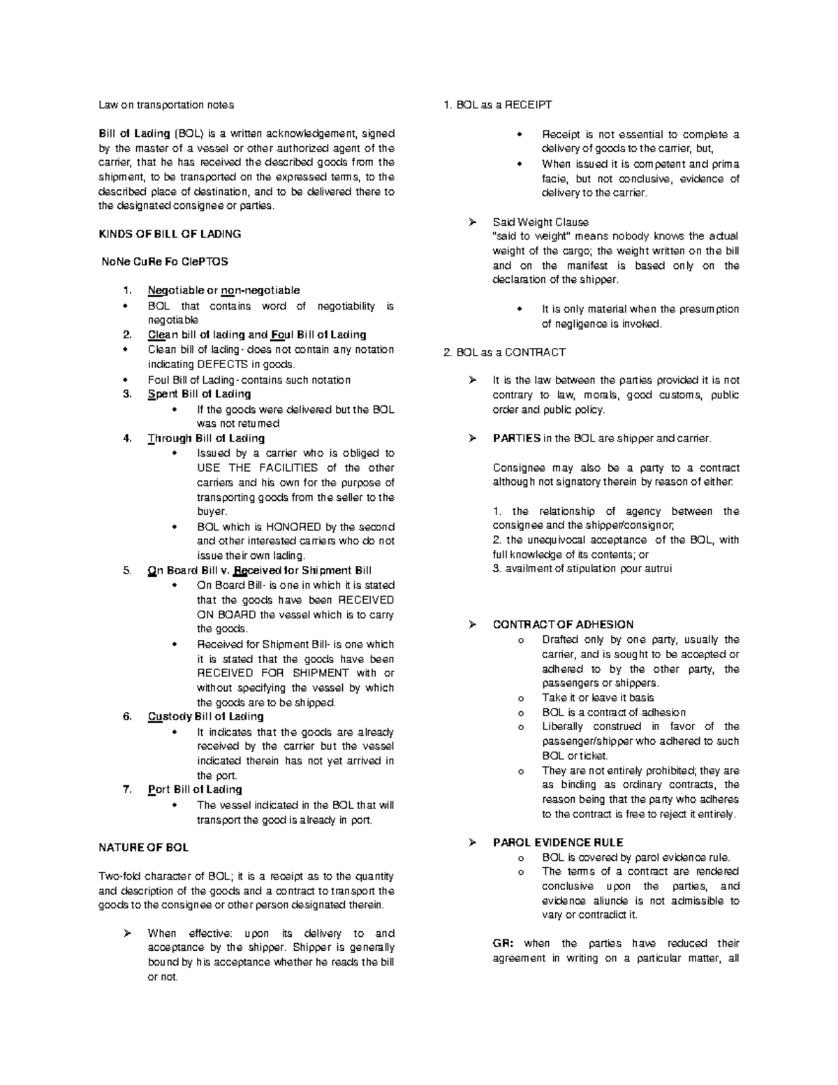 Scribd - Law on transportation notes Bill of Lading (BOL) is a written ...