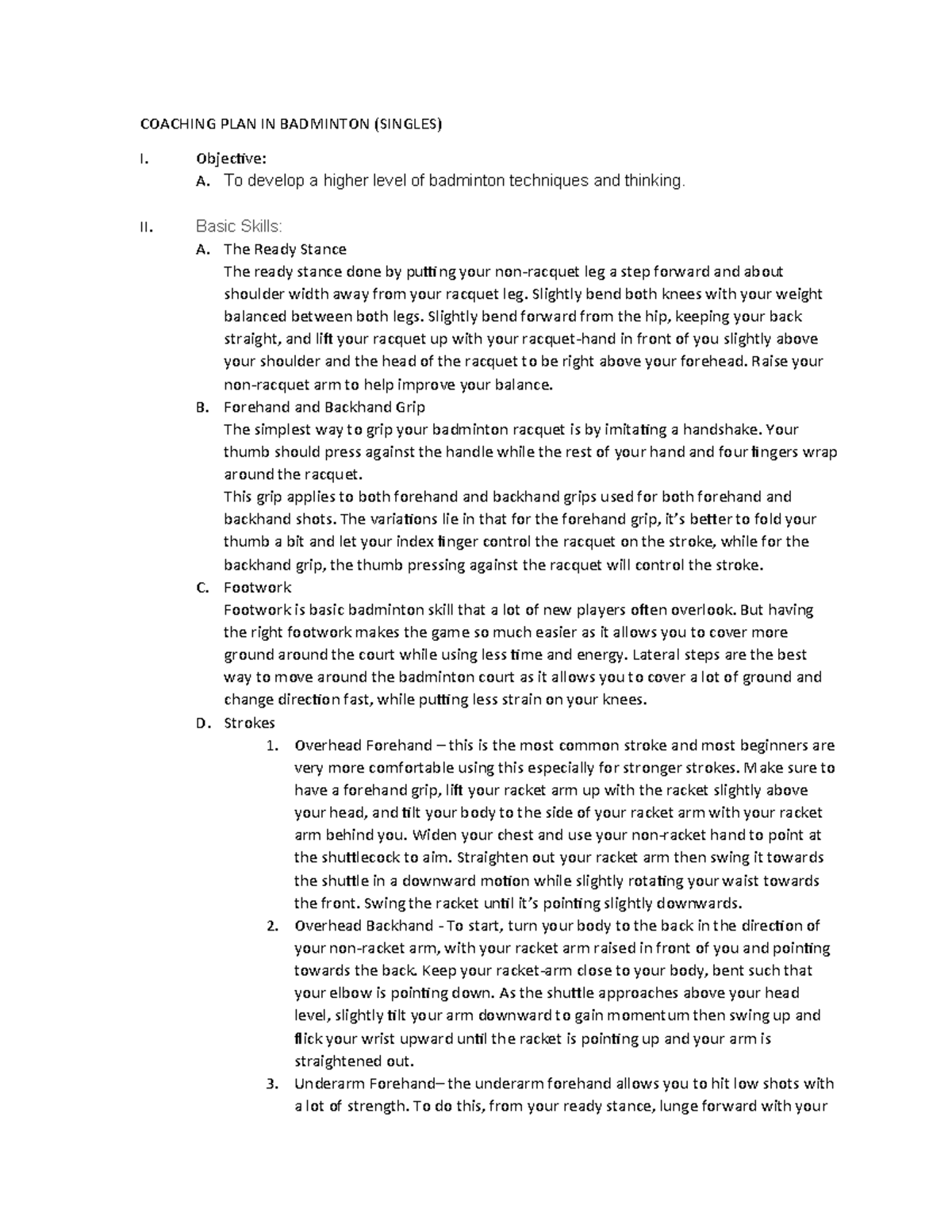 Ilide - for assessment - COACHING PLAN IN BADMINTON (SINGLES) I ...