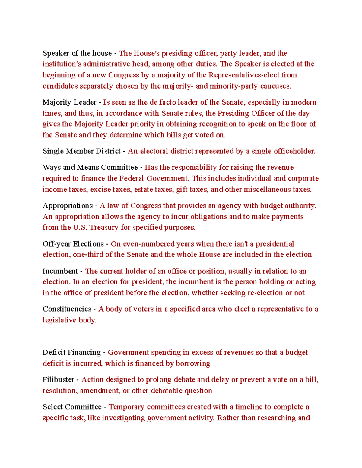 Congress Definitions Speaker of the house The House's presiding