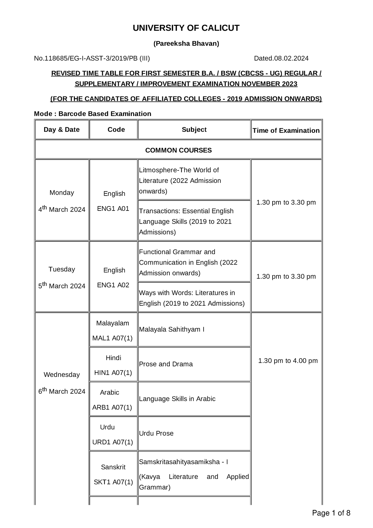 BA - TIME TABLE - UNIVERSITY OF CALICUT (Pareeksha Bhavan) No/EG-I-ASST ...