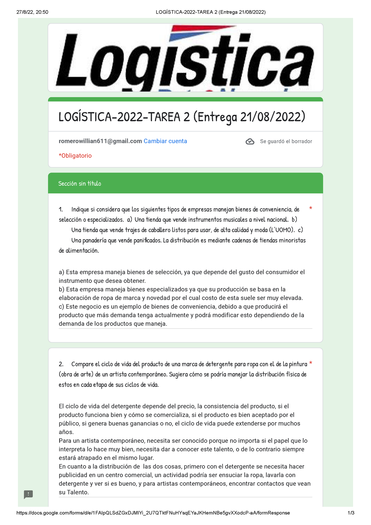 Logística-2022- Tarea 2 (Entrega 21 08 2022) - 27/8/22, 20:50 LOGÍSTICA ...