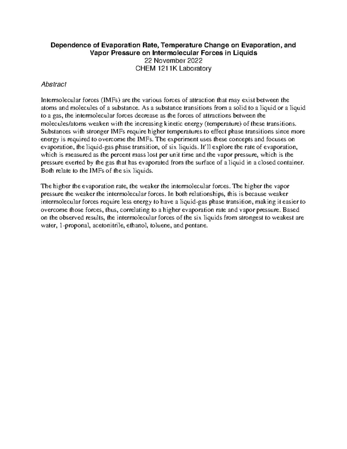Abbreviated Report Intermolecular Forces (1211K) Dependence of