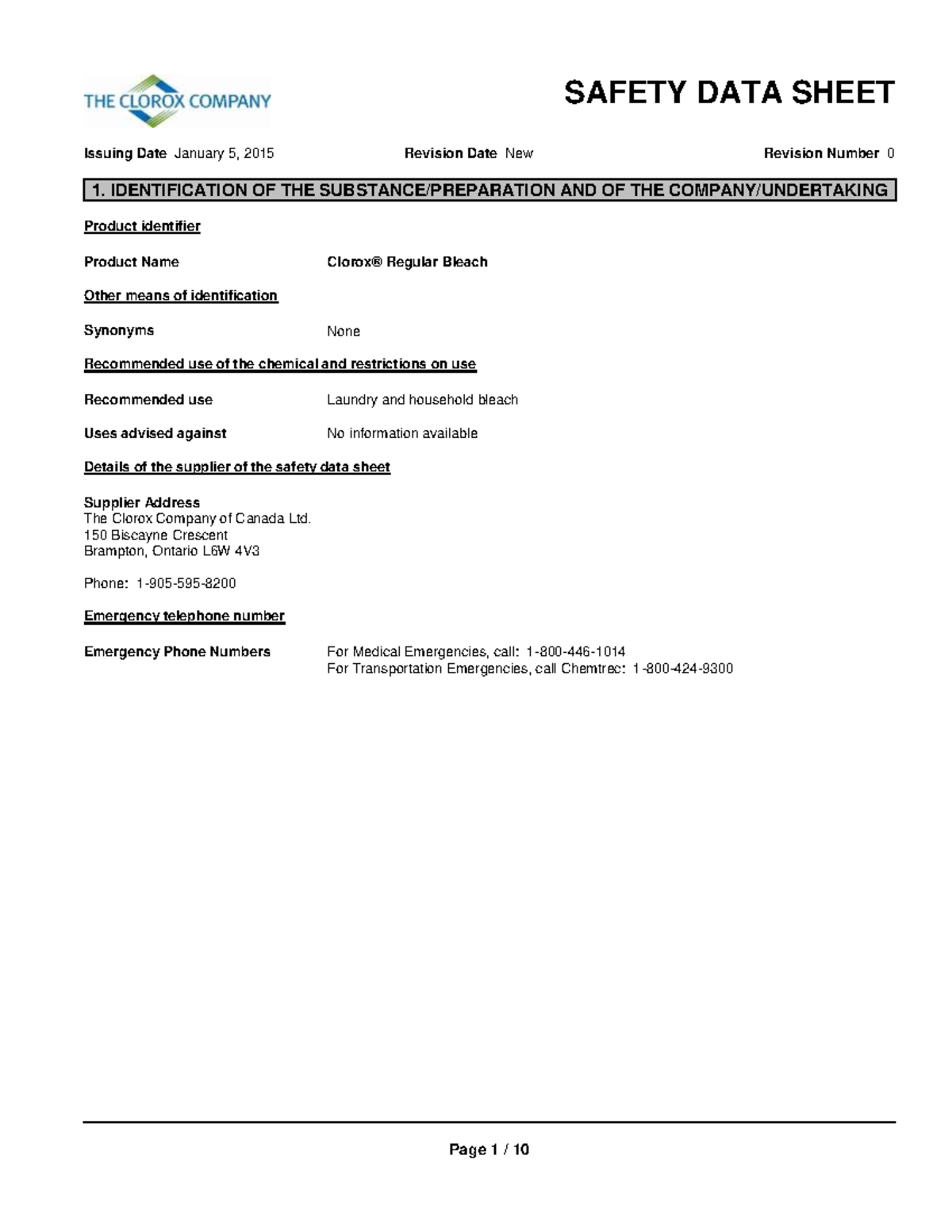 Bleach SDS wHIMS SAFETY DATA SHEET Issuing Date January 5, 2015