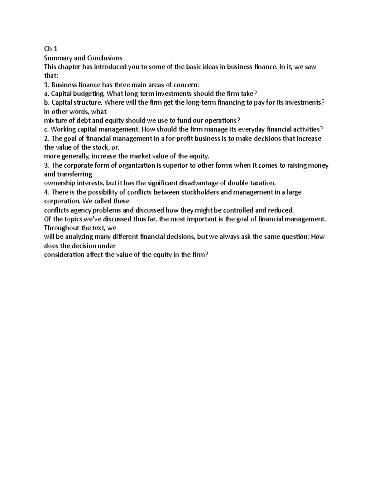 Finance book - Notes - Ch 1 Summary and Conclusions This chapter has ...