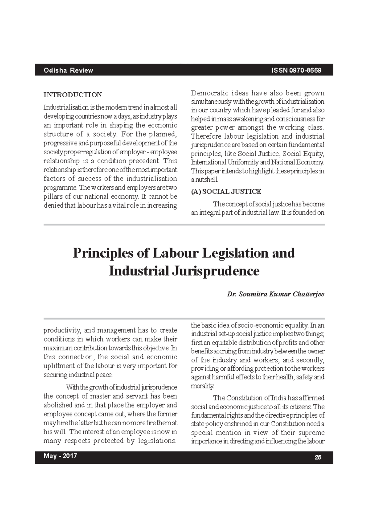 Industrial jurisprudence on labour law welfare Odisha Review ISSN