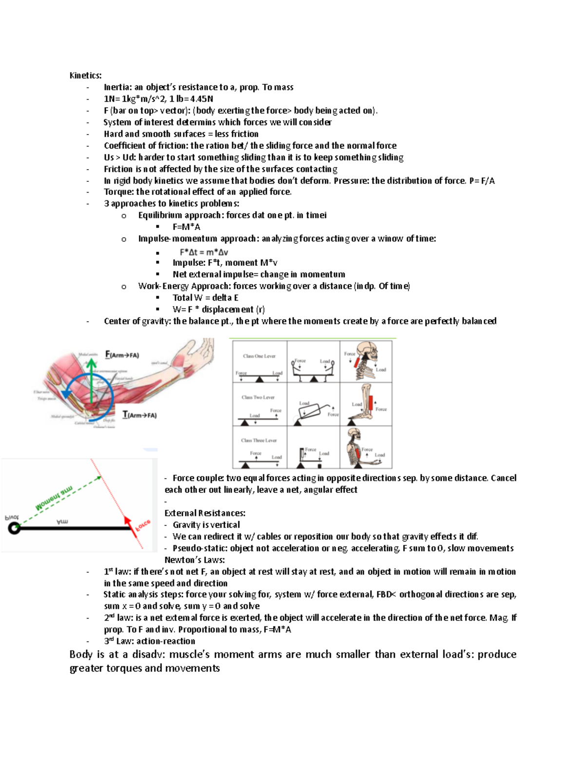 Biomechanics Exam 2 note sheet - Kinetics: - Inertia: an object’s ...