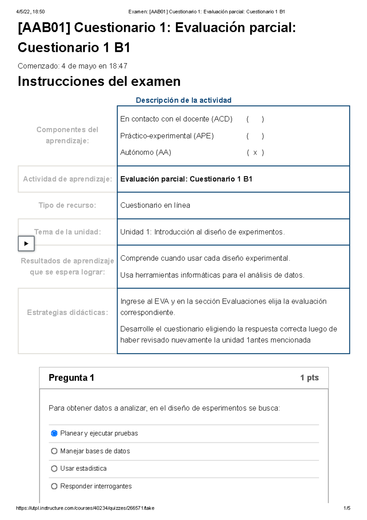 Examen [AAB01] Cuestionario 1 Evaluación Parcial Cuestionario 1 B1 ...