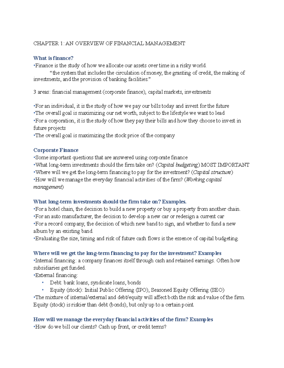 Finacne 3220 - Lecture notes - CHAPTER 1: AN OVERVIEW OF FINANCIAL ...