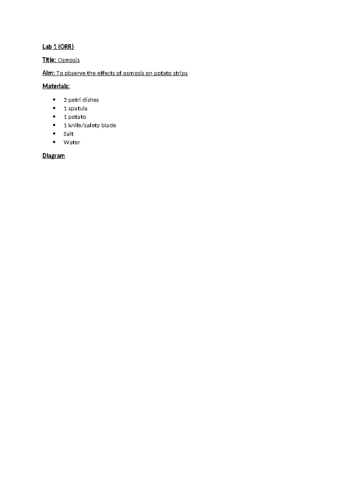 Inte lab 1 - Integrated science lab 1 - Lab 1 (ORR) Title: Osmosis Aim ...