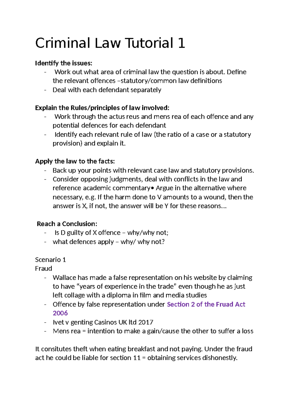 Criminal Law Tutorial 1 Define the relevant offences statutory
