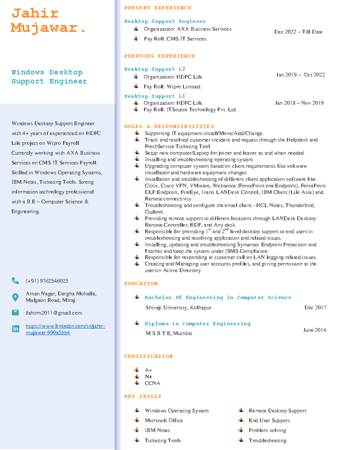 Jahir Mujawar-Resume - notes - Jahir Mujawar. Windows Desktop Support ...
