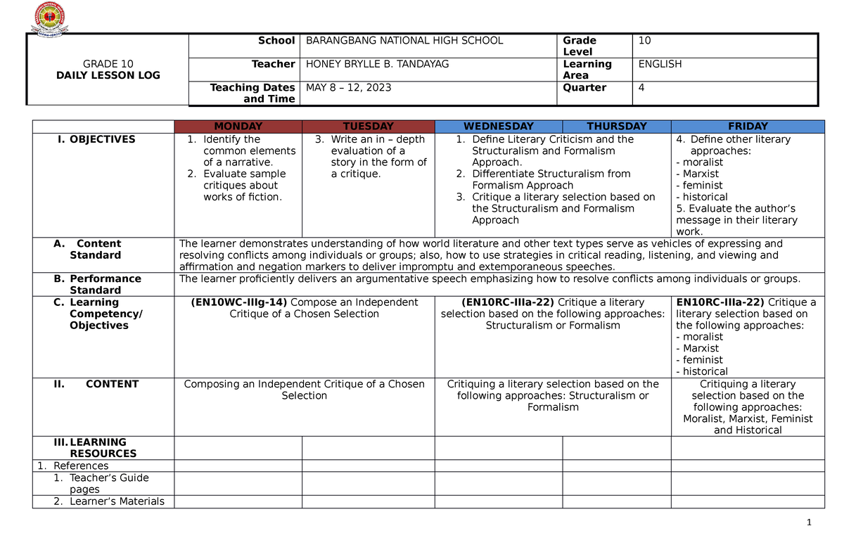 May 8 - 12, 2023 - lesson - GRADE 10 DAILY LESSON LOG School BARANGBANG ...