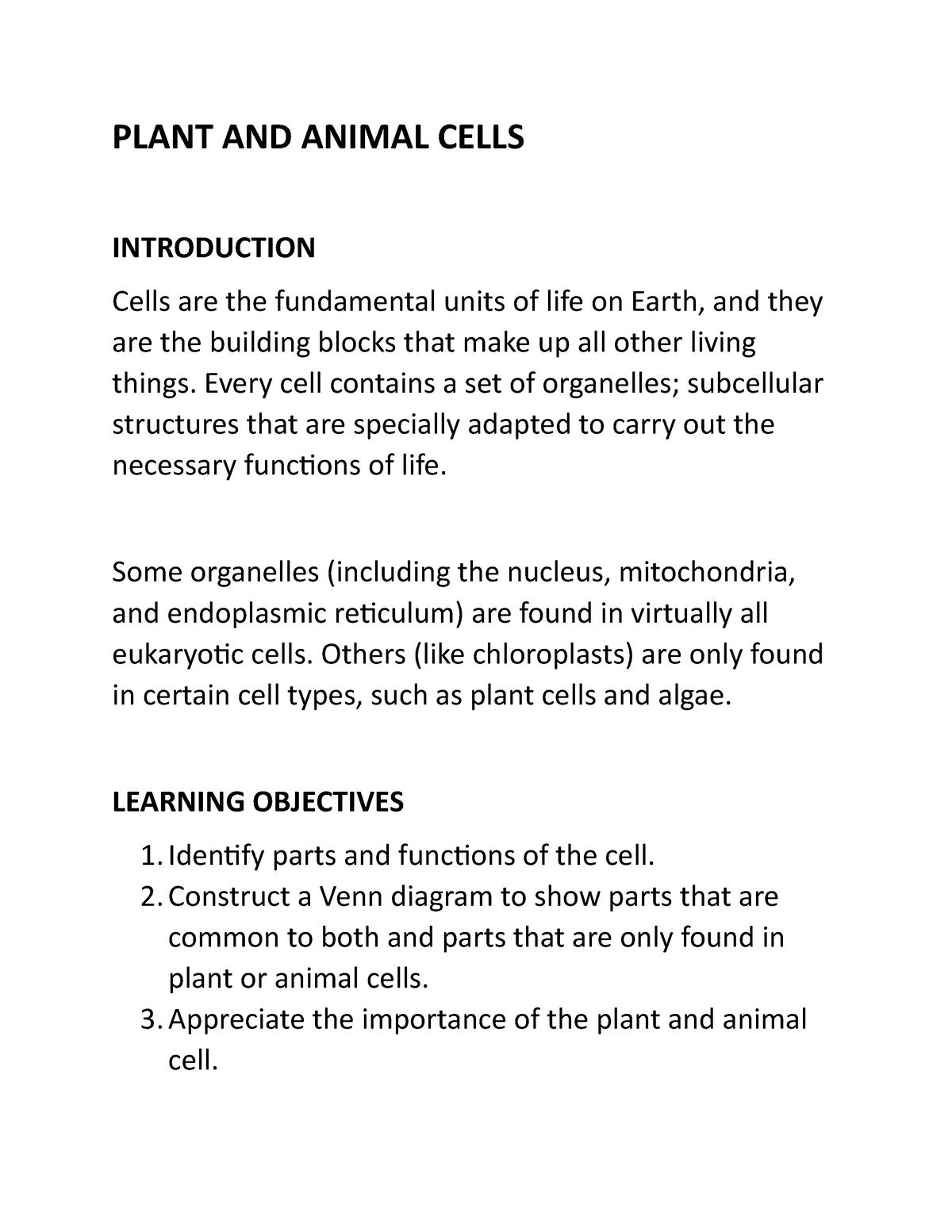 Plant AND Animal Cells - PLANT AND ANIMAL CELLS INTRODUCTION Cells are the  fundamental units of life - Studocu