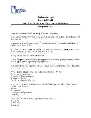 Assignment 3 Chapter 4 Solutions - Cost Accounting Term: Fall 2022 ...