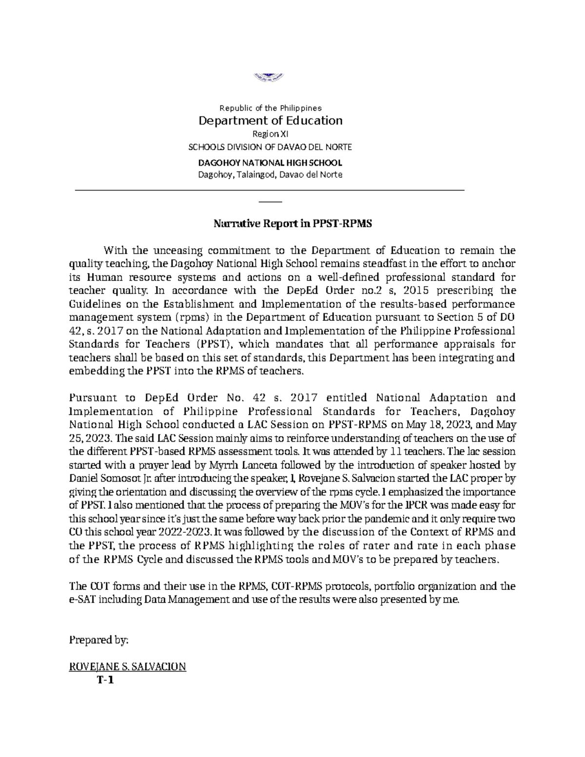Narrative report LAC RPMS - Republic of the Philippines Department of ...