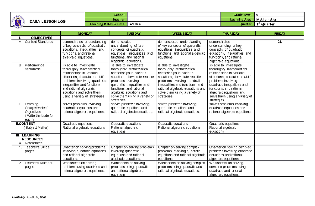 Math9 Wk4 - For your guide.. - DAILY LESSON LOG School: Grade Level: 9 ...