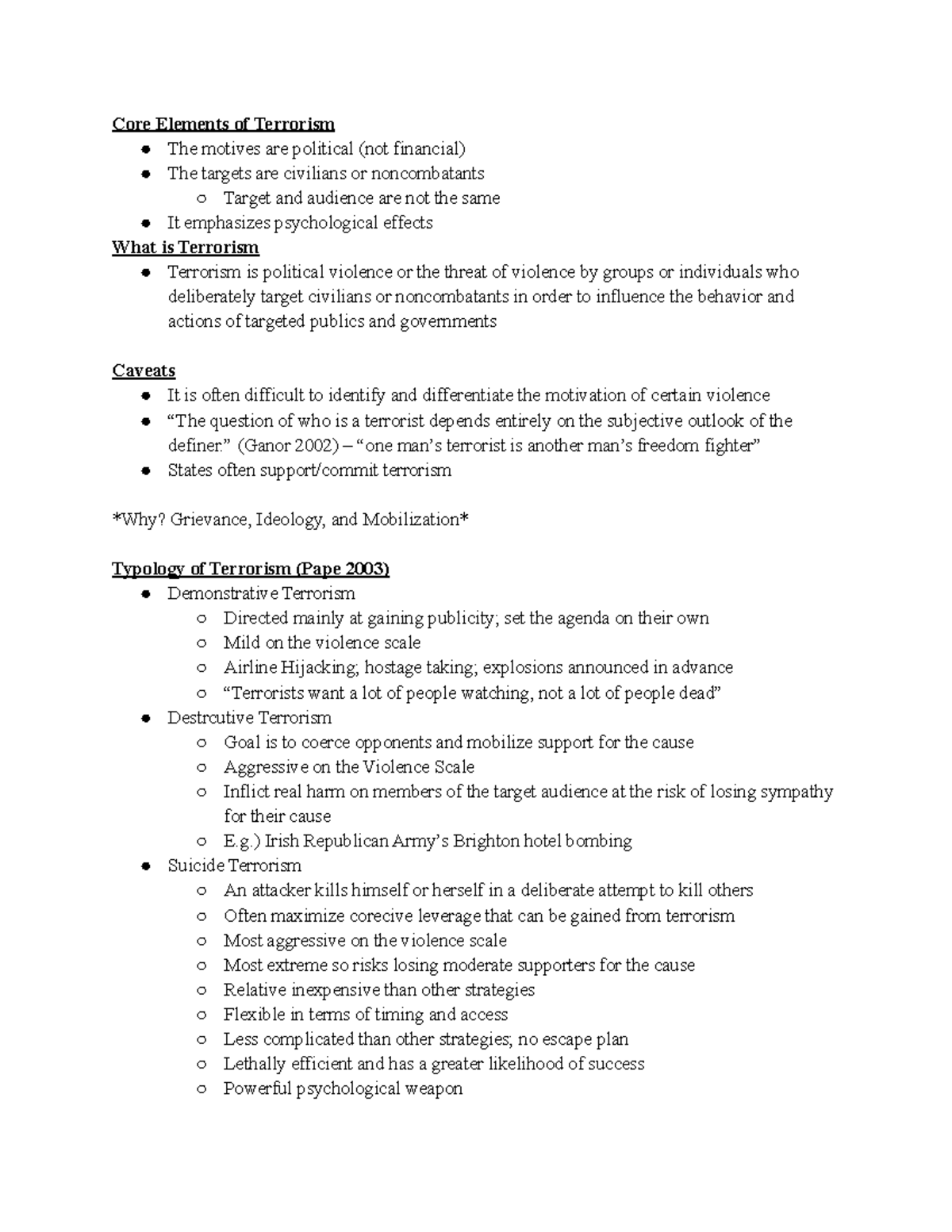 Week 9- Terrorism - IR notes - Core Elements of Terrorism The motives ...