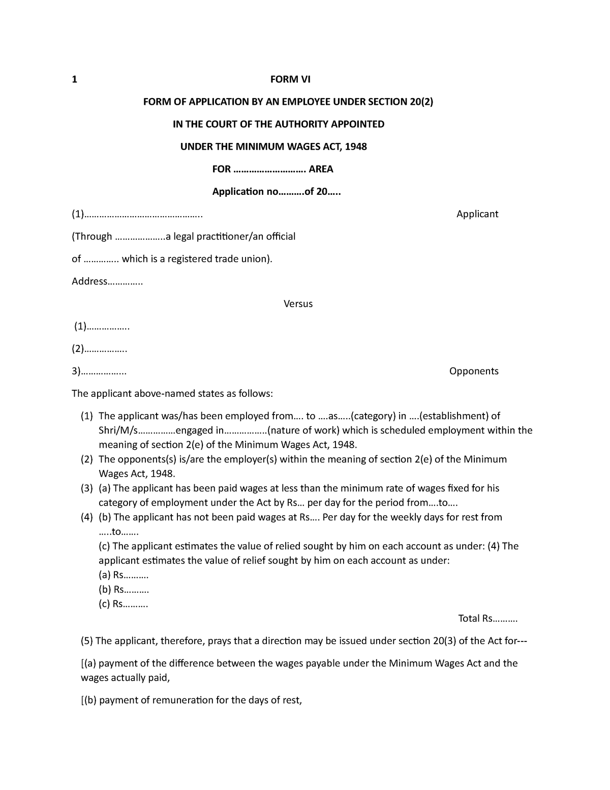 Labour law 2 assignment - 1 FORM VI FORM OF APPLICATION BY AN EMPLOYEE ...