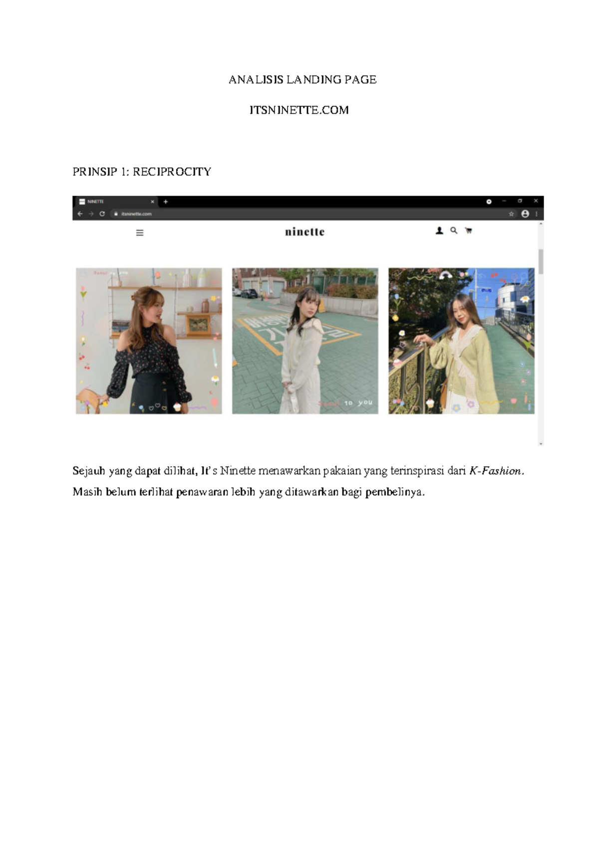 Tugas Analisis Persuasi - ANALISIS LANDING PAGE ITSNINETTE PRINSIP 1