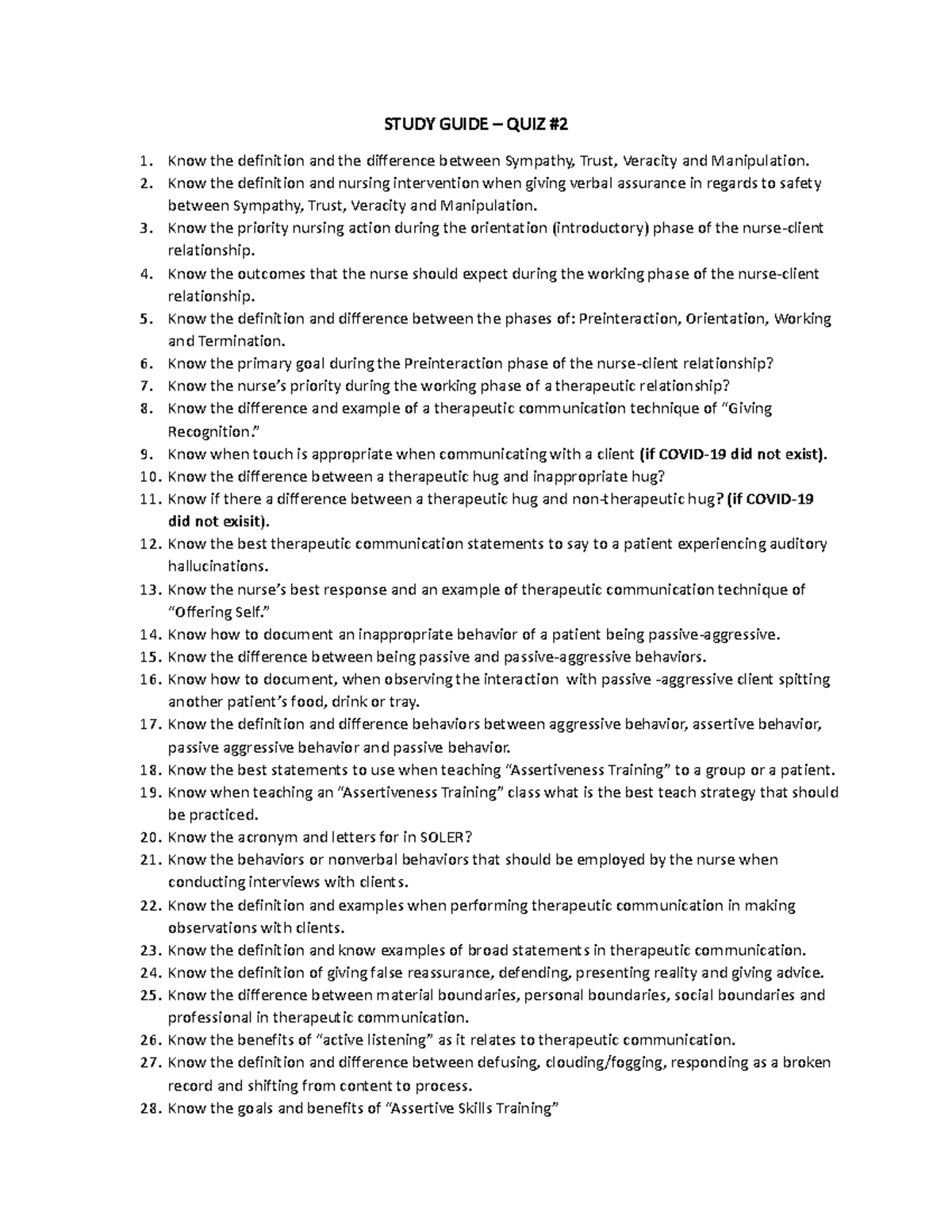 Study Guide Quiz 2 Fall 2022 STUDY GUIDE QUIZ Know the definition