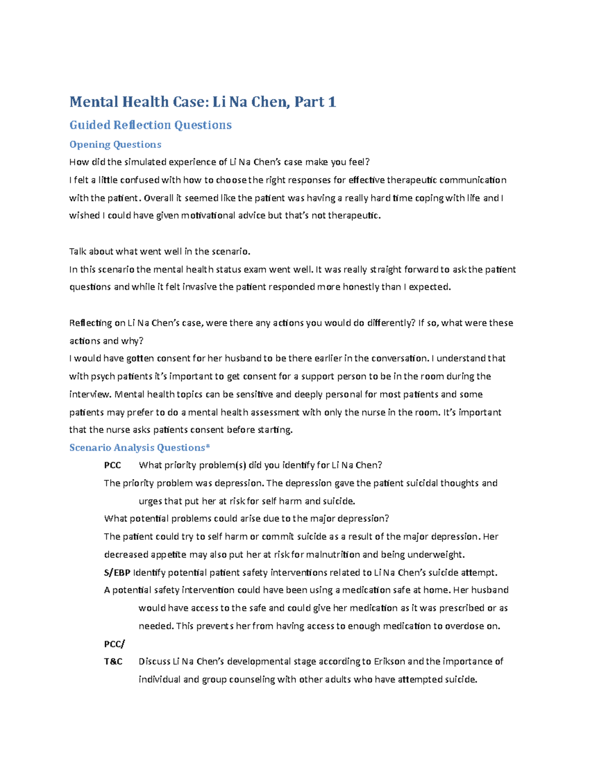 Li na chien part 1 guided reflection - Mental Health Case: Li Na Chen ...