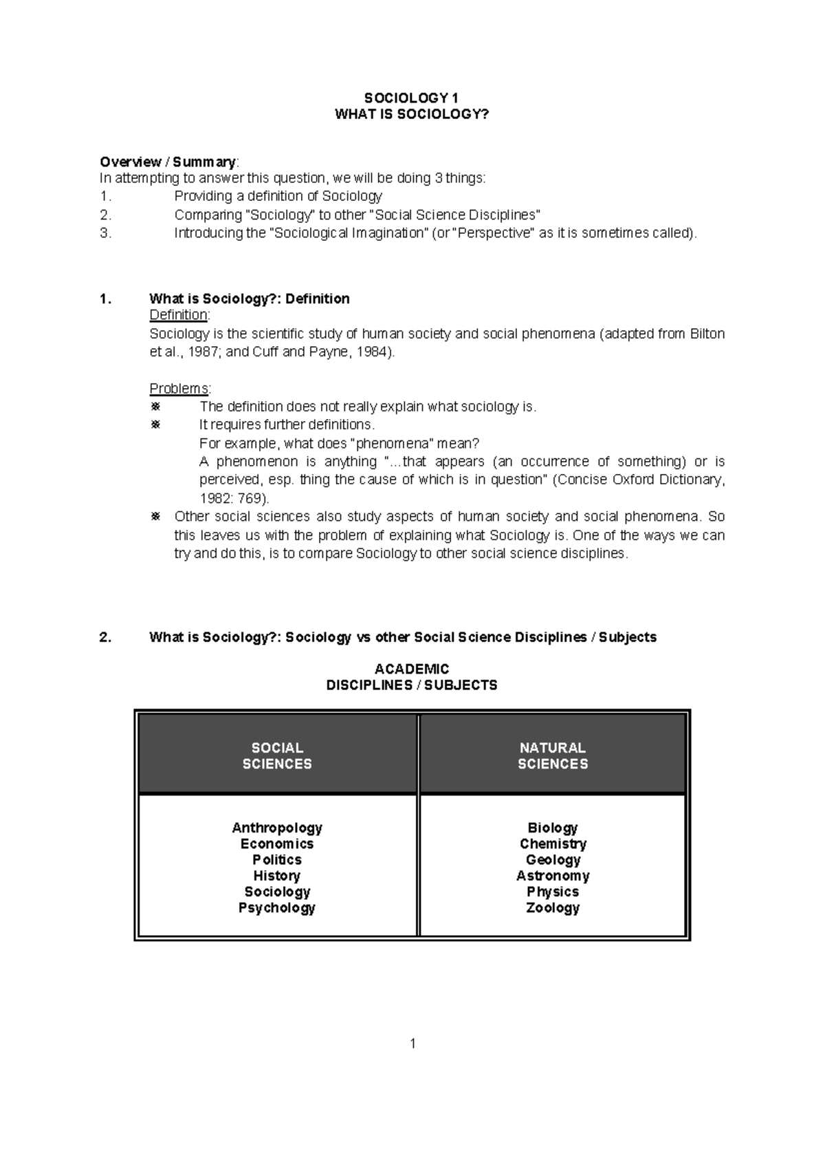 HO-What is Soc - notes - SOCIOLOGY 1 WHAT IS SOCIOLOGY? Overview ...