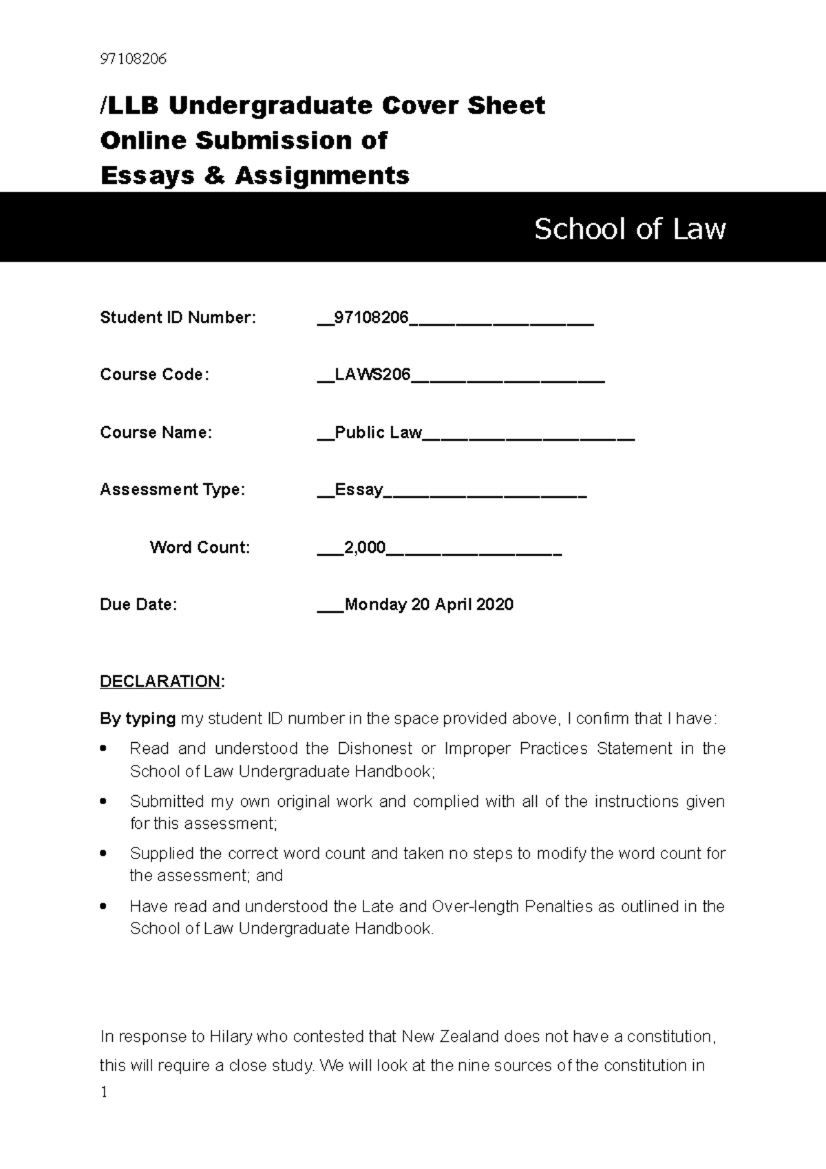 97108206 Useful notes /LLB Undergraduate Cover Sheet Online Submission of Essays & Studocu