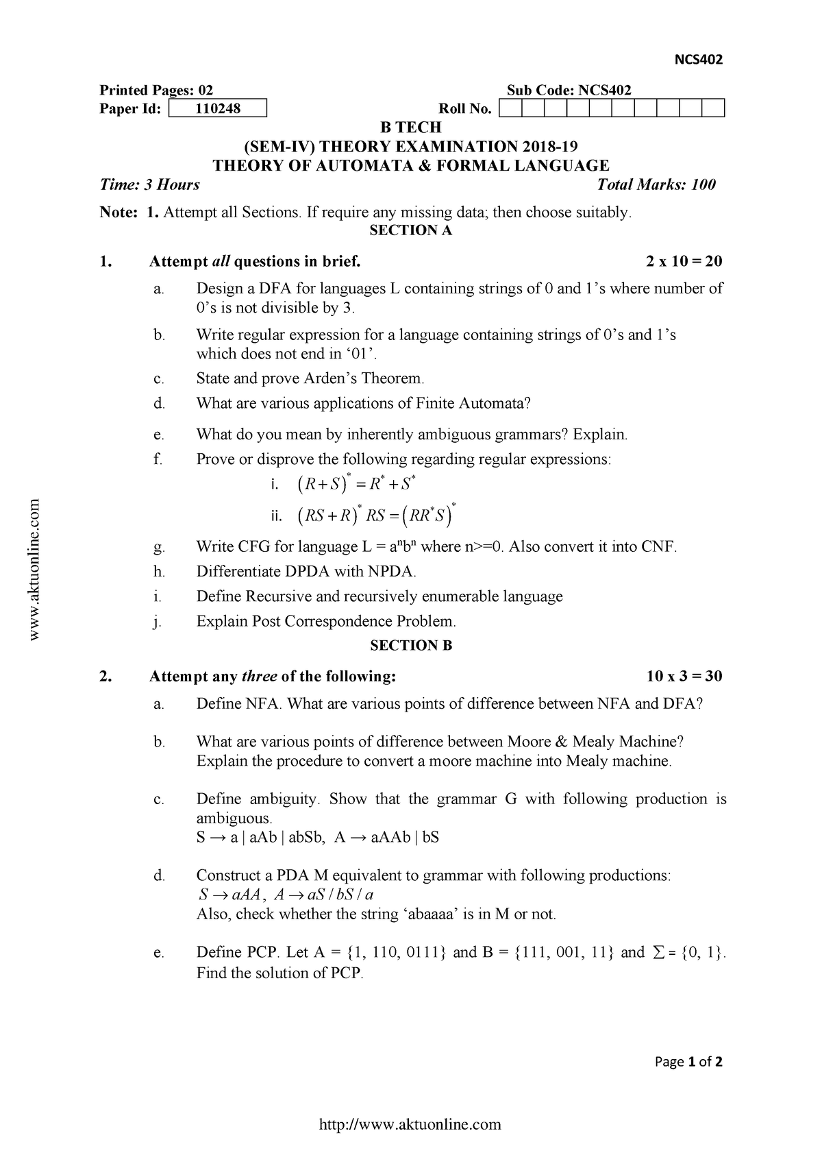 Btech Cs 4 Sem Theory Of Automata And Formal Language Ncs402 2019 - NCS Page 1 Of 2 Printed ...