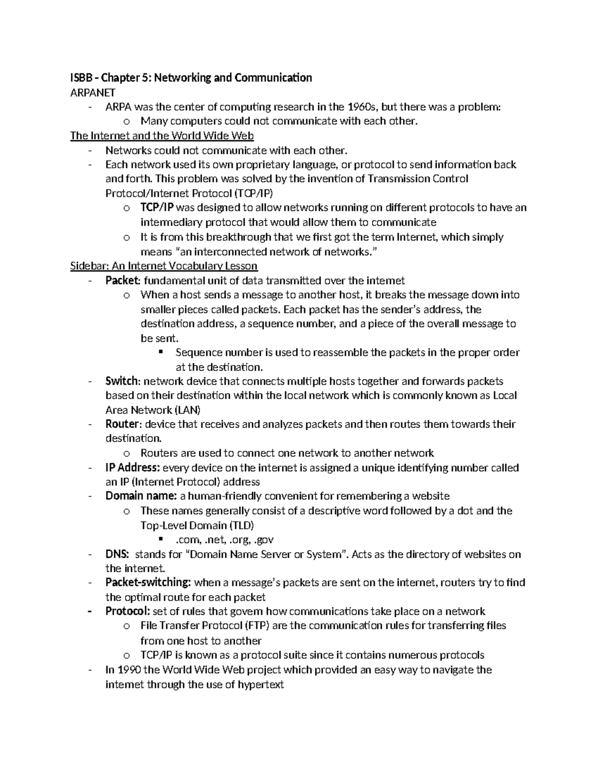 Module 5 Notes - ISBB - Chapter 5: Networking And Communication ARPANET ...