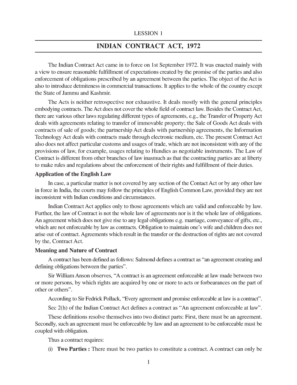 Study Material DU - Contracts 1 Notes - LESSION 1 INDIAN CONTRACT ACT ...