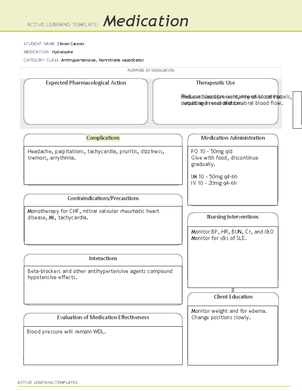 Hydralazine med sheet Complications Contraindications/Precautions Interactions Medication