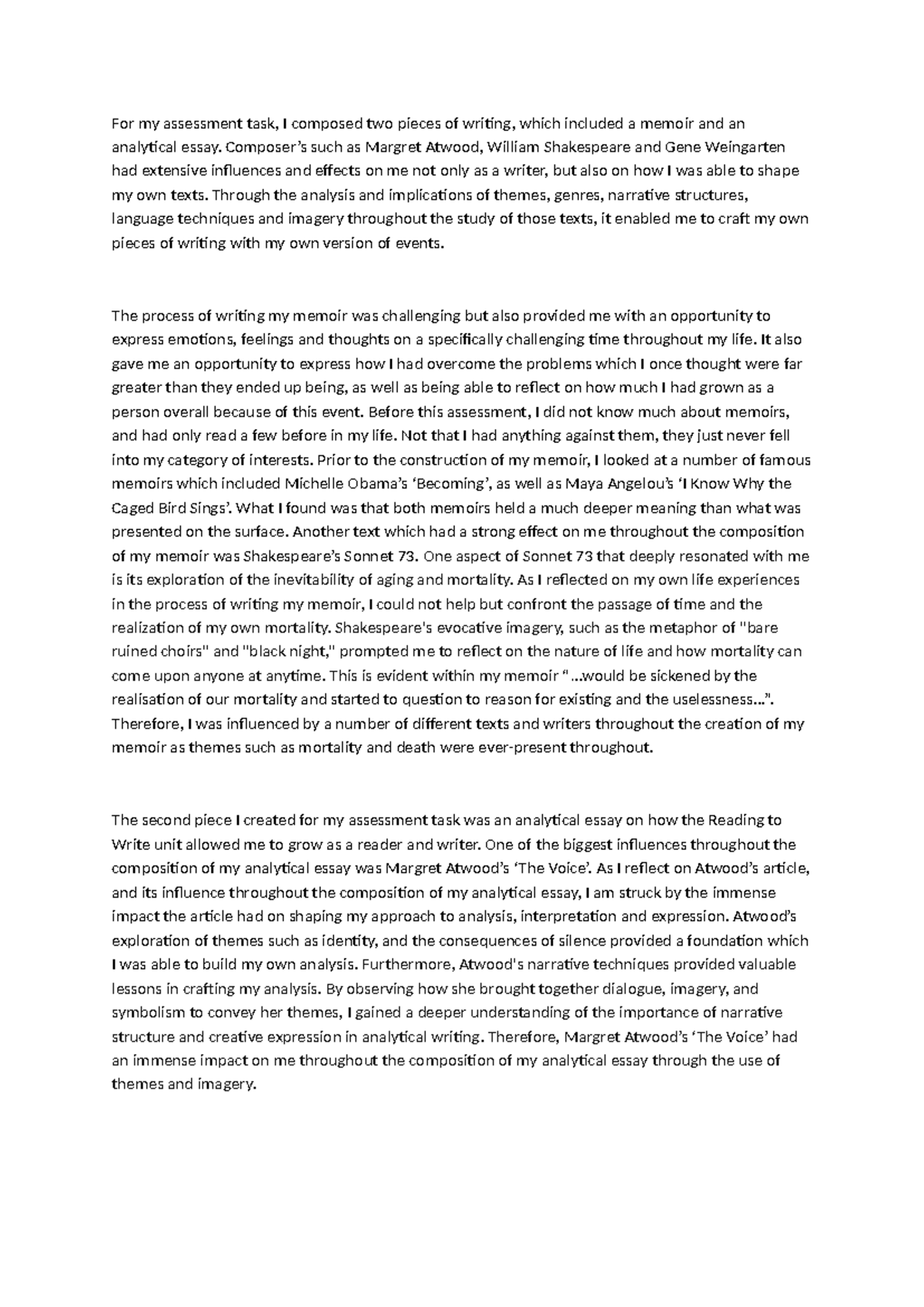 Reflection V1 Writing Task For My Assessment Task I Composed Two