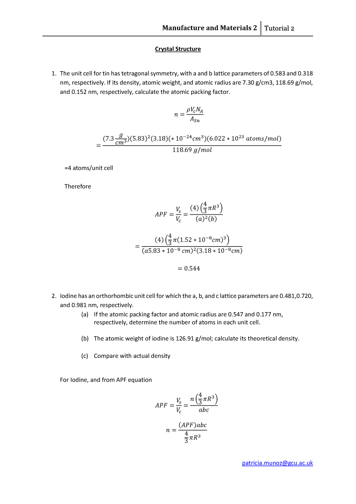 Solution Tutorial 2 Crystal Structure - Manufacture And Materials 2 ...