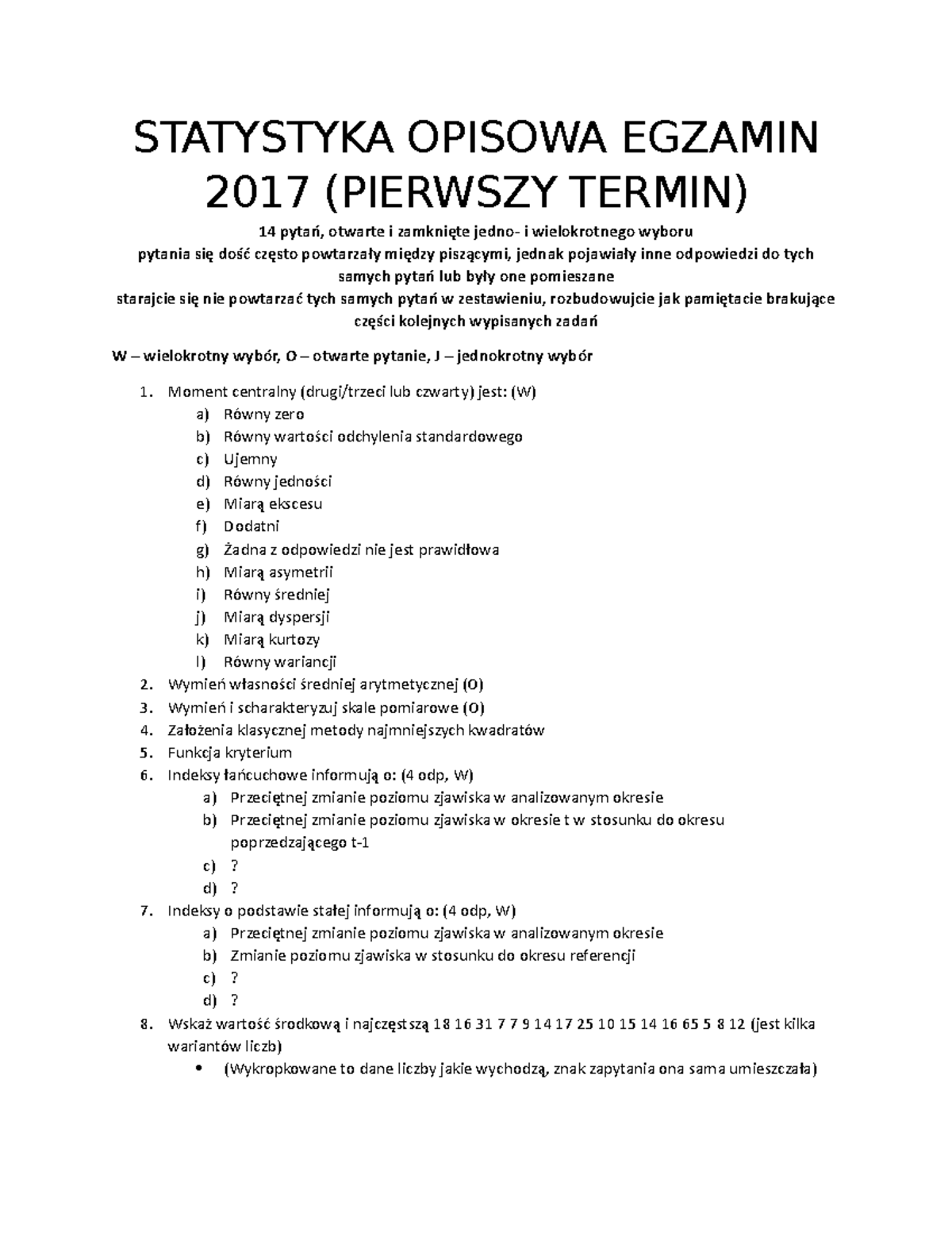 Statystyka Opisowa Egzamin 2017 - STATYSTYKA OPISOWA EGZAMIN 2017