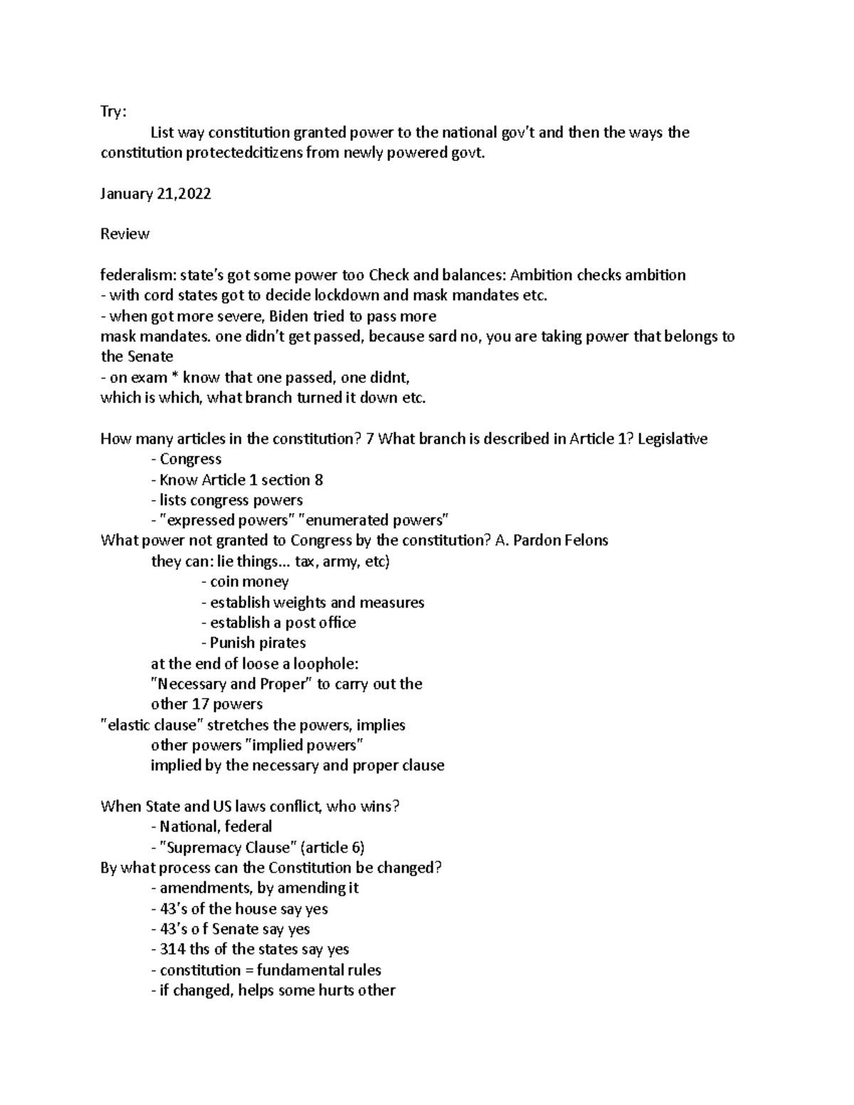Notes 3 - Try: List way constitution granted power to the national gov ...