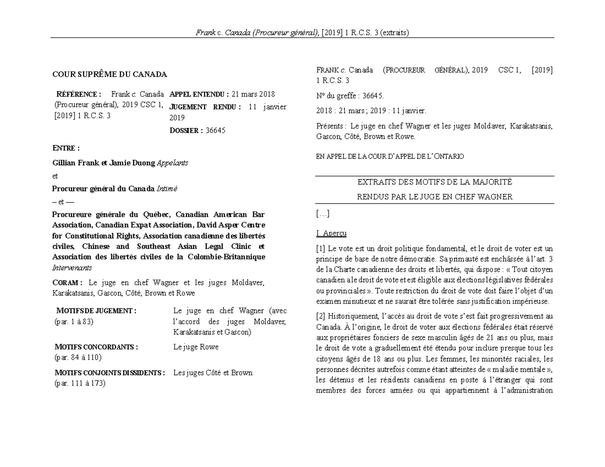 Extraits - Frank c. Canada - COUR SUPRÊME DU CANADA R ÉFÉRENCE : Frank ...