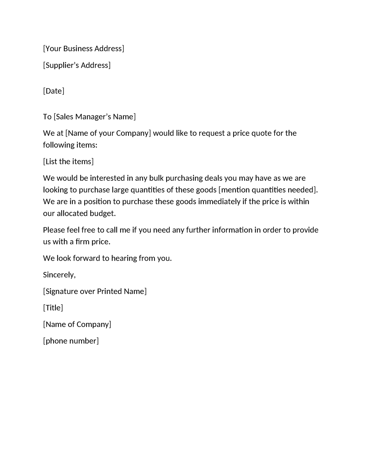 A Quotation Request Letter Word Template - [Your Business Address ...